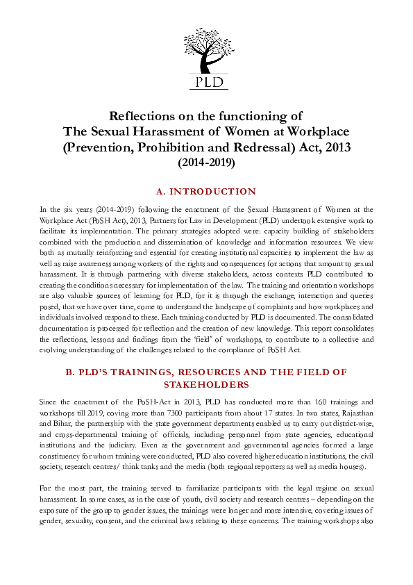 Reflections on the functioning of The Sexual Harassment of Women at Workplace(Prevention, Prohibition and Redressal) Act, 2013 (2014-2019)